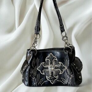 Western style faux leather rhinestone studded cross shoulder bag y2k mcbling